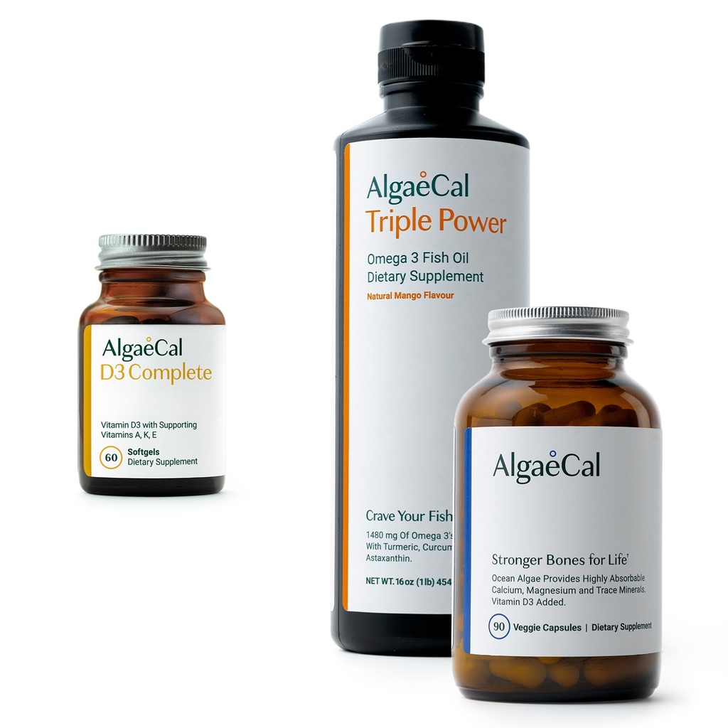 ALGAECAL Bundle - D3 (1000 IU) + K2, Βιταμίνη Ε, Βιταμίνη Α (1000 IU) & Φυτικό Ασβέστιο για Οστική Υποστήριξη & Ωμέγα 3 με 1200mg EPA DHA
