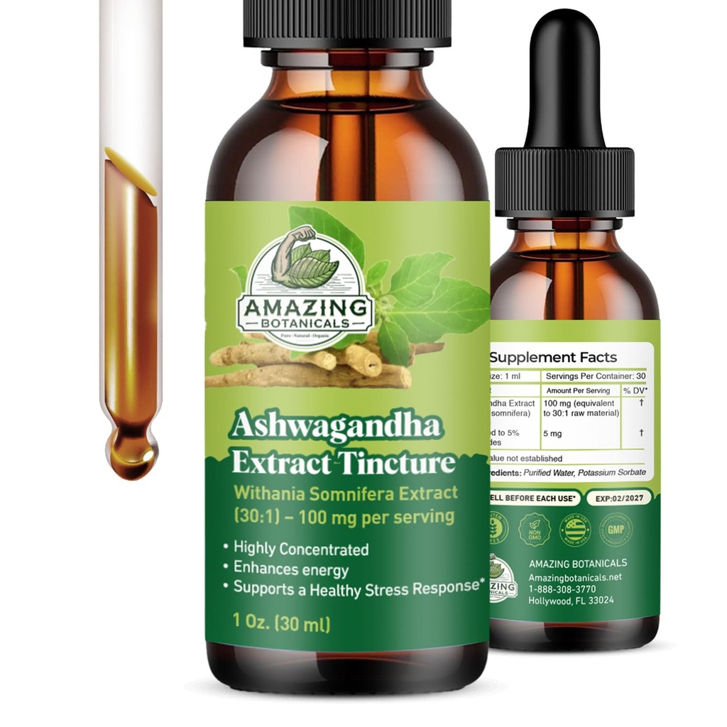 Organic Ashwagandha Extract Tincture – Ayurvedic Herbal Supplement for Natural Calm, Relaxation and Mood Support | 100mg – Adaptogenic, Nervine, Vegan, Non-GMO, Alcohol-Free, Gluten-Free – 1oz (30mL)