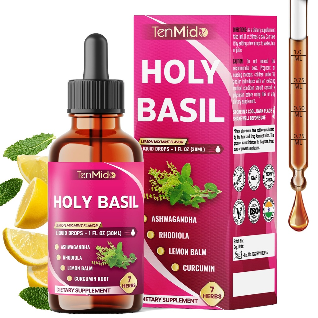 7in1 Holy Basil Tincture with Ashwagandha, Rhodiola Rosea, Lemon Balm, Curcumin, Saffron, and Black Pepper - Support Relaxation - 30ml 1 Fl Oz