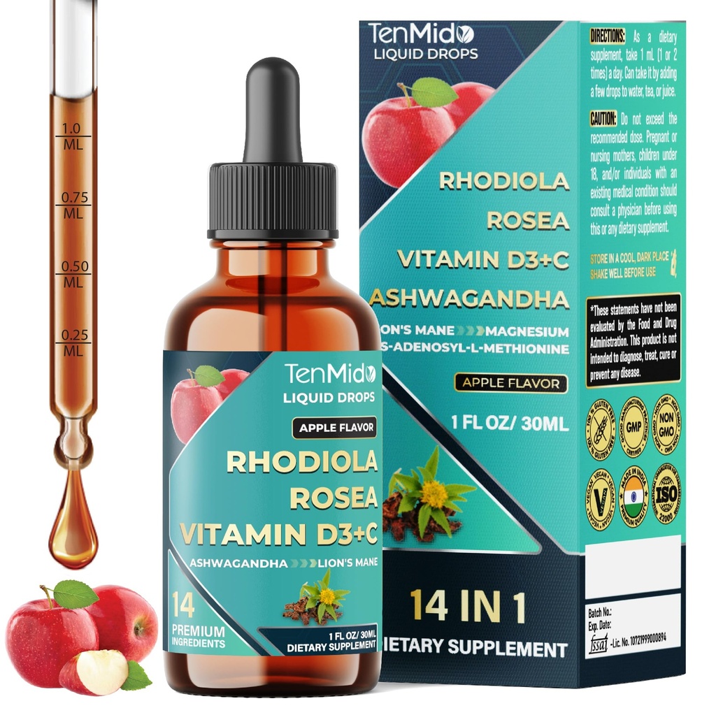 14in1 Rhodiola Rosea Tincture with Ashwagandha, Lion's Mane, Magnesium Glycinate, Citrate, Malate, L-Theanine, Same, Shilajit, Turmeric, Sea Moss & More - 30ml 1 Fl Oz