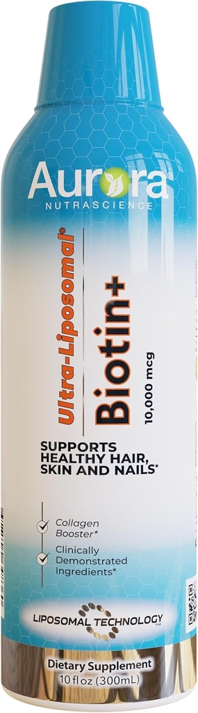 Aurora Nutrascience Ultra-Liposomal Biotin 10.000 mcg Collagen Booster συμπλήρωμα, υποστηρίζει υγιή μαλλιά, δέρμα & νύχια, Caramel Γεύση, 30 εξυπηρετούν, 10 fl oz