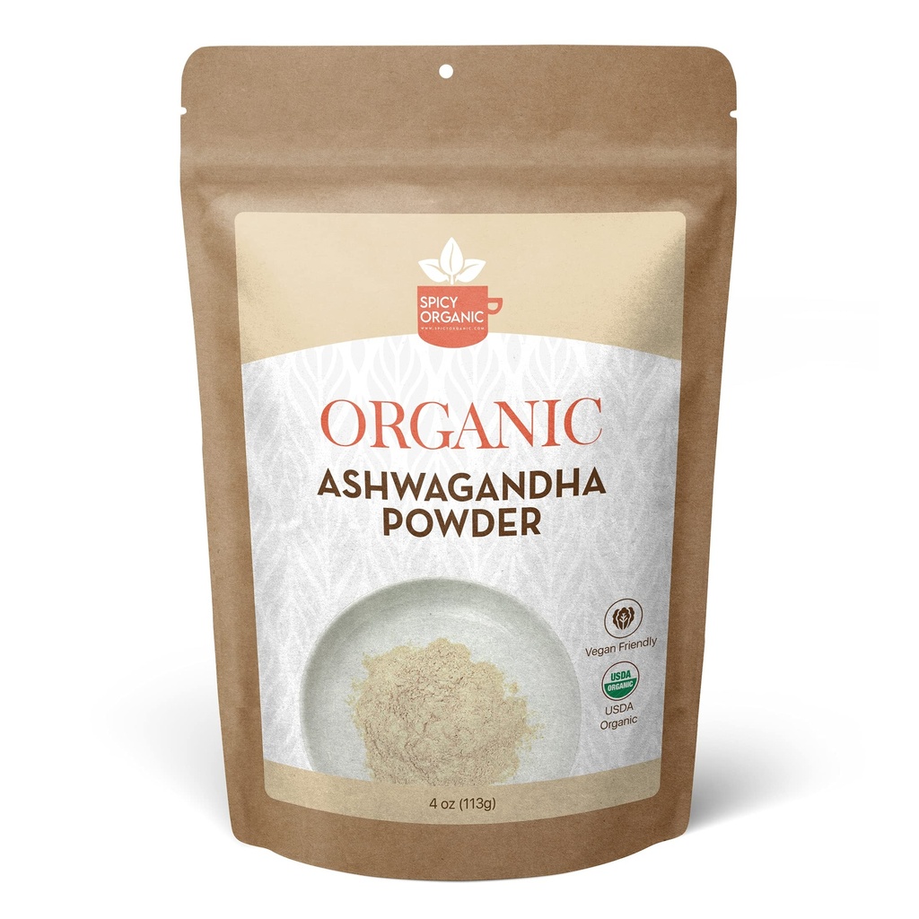 SPICY ORGANIC Organic Ashwagandha Root Powder – 4 oz. - Non-GMO, 100% Raw from India – Indian Ginseng (Withania Somnifera) – Natural Stress Support, Energy & Immune Health