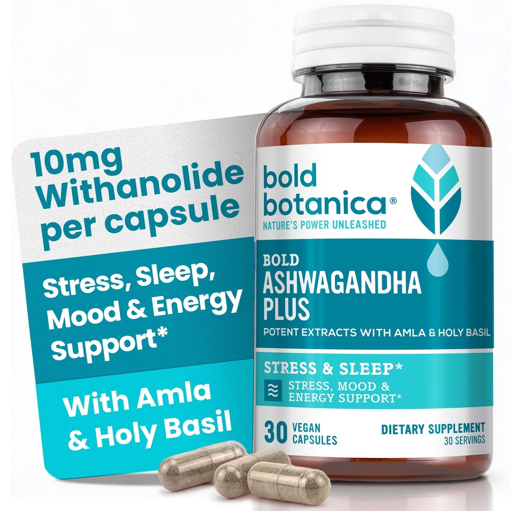 Bold Botanica Ashwagandha Plus – Ashwagandha Supplement for Women & Men – Stress, Mood, Memory & Energy Support – Triple Adaptogenic Formula with Amla & Holy Basil, 1 Capsule Daily – 30 Vegan Caps