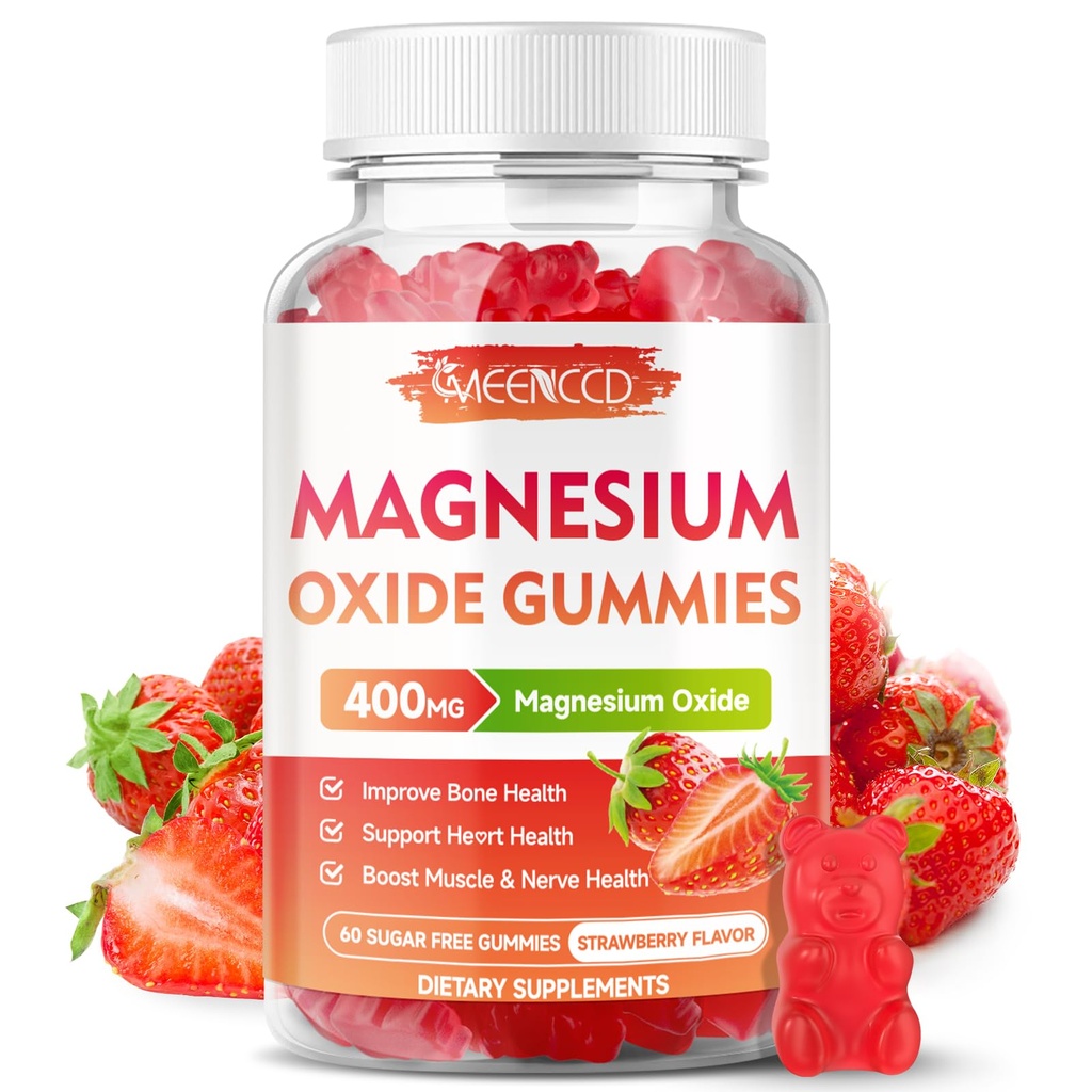 Μαγνήσιο Oxide Gummies 400mg, Chewable oxide συμπλήρωμα για ενήλικες & παιδιά, νευρωνική & μυϊκή υποστήριξη, μη-GMO, ζάχαρη-ελεύθερο, φράουλα άρωμα, 60 Count