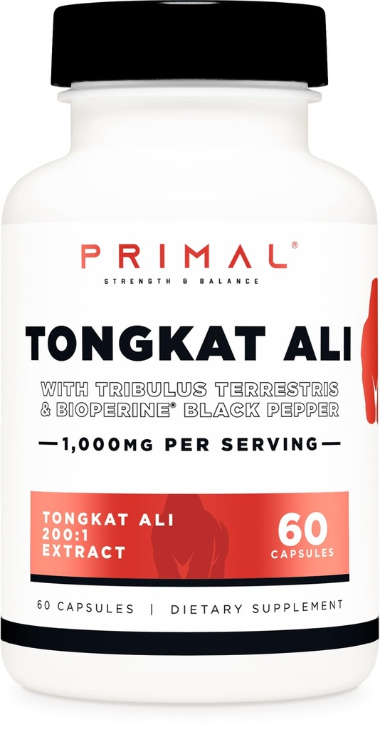 Primal Tongkat Ali Capsules (60 Capsules / 30 Servings, 1,000 mg Per Serving) - Long Jack Supplement for Men, Gluten Free, Non-GMO Herbal Nutritional Supplement