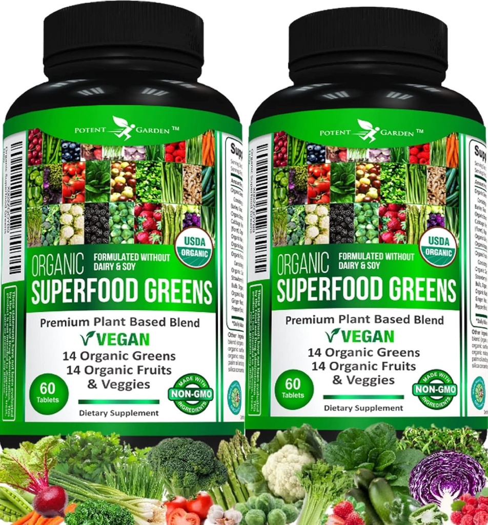 Ισχυρός Κήπος 2-πακέτο Βιολογικά Superfood Πράσινοι, Φρούτα και λαχανικά συμπλήρωμα πλούσια σε βιταμίνες & αντιοξειδωτικά με Alfalfa, Beet Root & Tart Cherry για την ενίσχυση της ενέργειας, Ανοσία & Gut Υγεία, 120 Ct