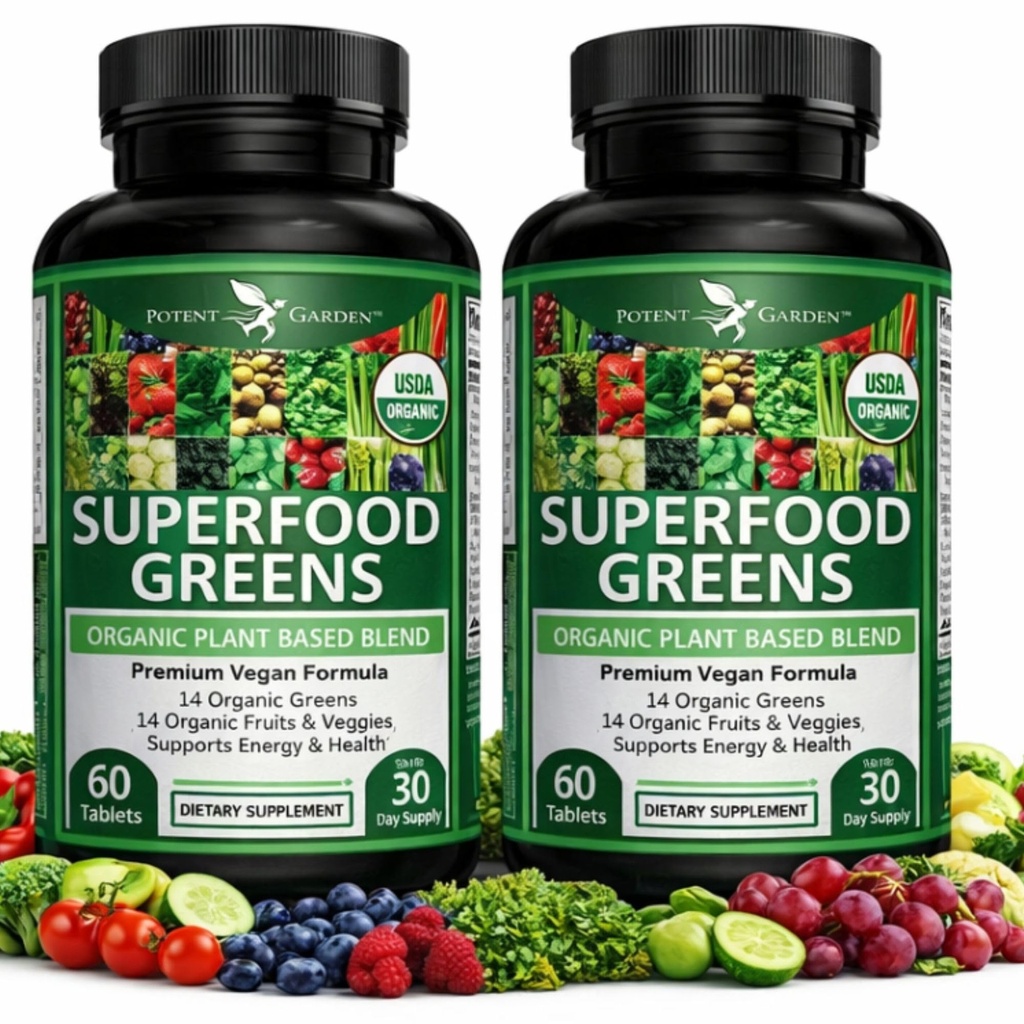 Ισχυρός Κήπος 2-πακέτο Βιολογικά Superfood Πράσινοι, Φρούτα και λαχανικά συμπλήρωμα πλούσια σε βιταμίνες & αντιοξειδωτικά με Alfalfa, Beet Root & Tart Cherry για την ενίσχυση της ενέργειας, Ανοσία & Gut Υγεία, 120 Ct