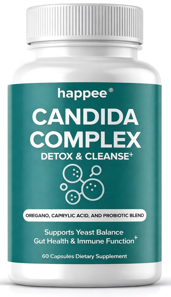 Happee Candida Complex Supplement – Candida Cleanse for Overgrowth Support – Caprylic Acid, Oregano & Probiotics for Yeast Balance, Gut & Immune Support – 60 Caps