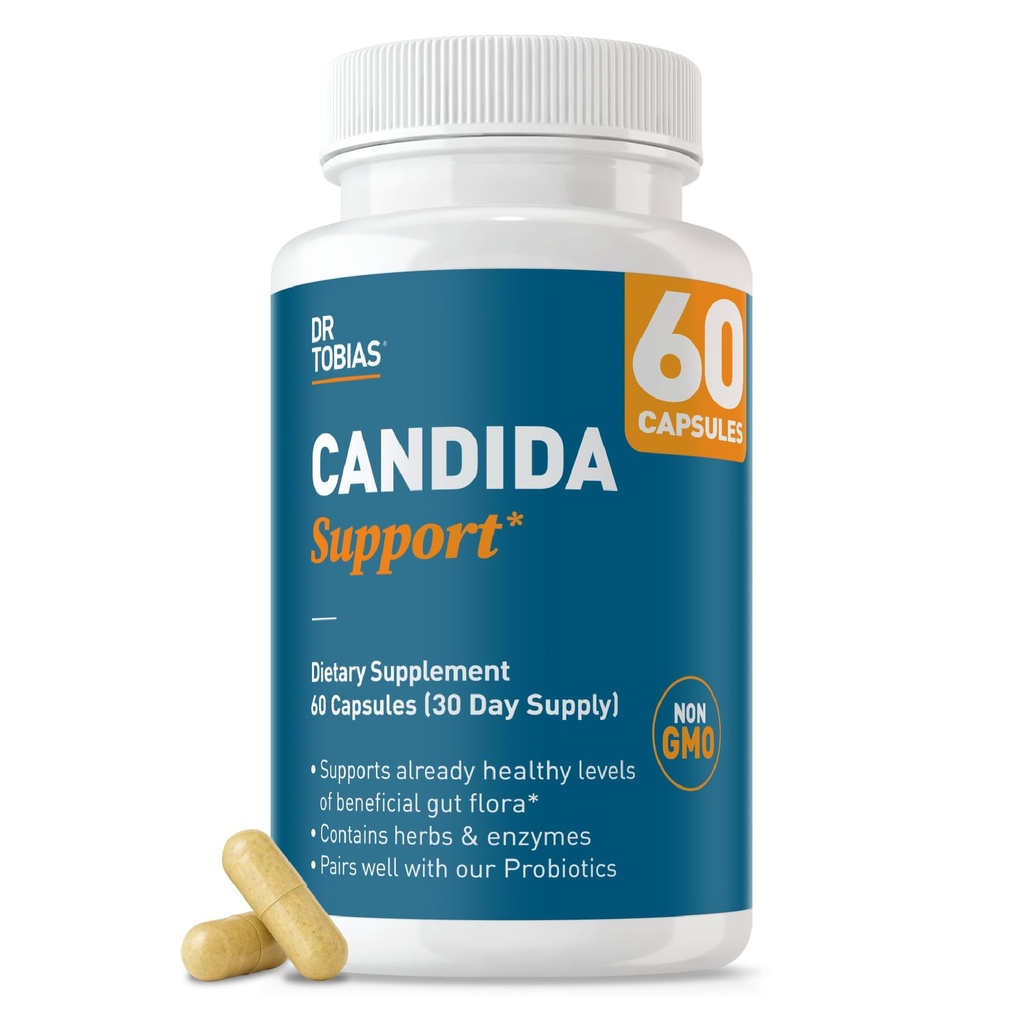 Dr. Tobias Candida Support, Gut Flora Balance Complex with Oregano, Caprylic Acid, Enzymes & Probiotics, Support Intestinal Detox Cleanse & Gut Health for Women & Men, 60 Capsules, 30 Servings
