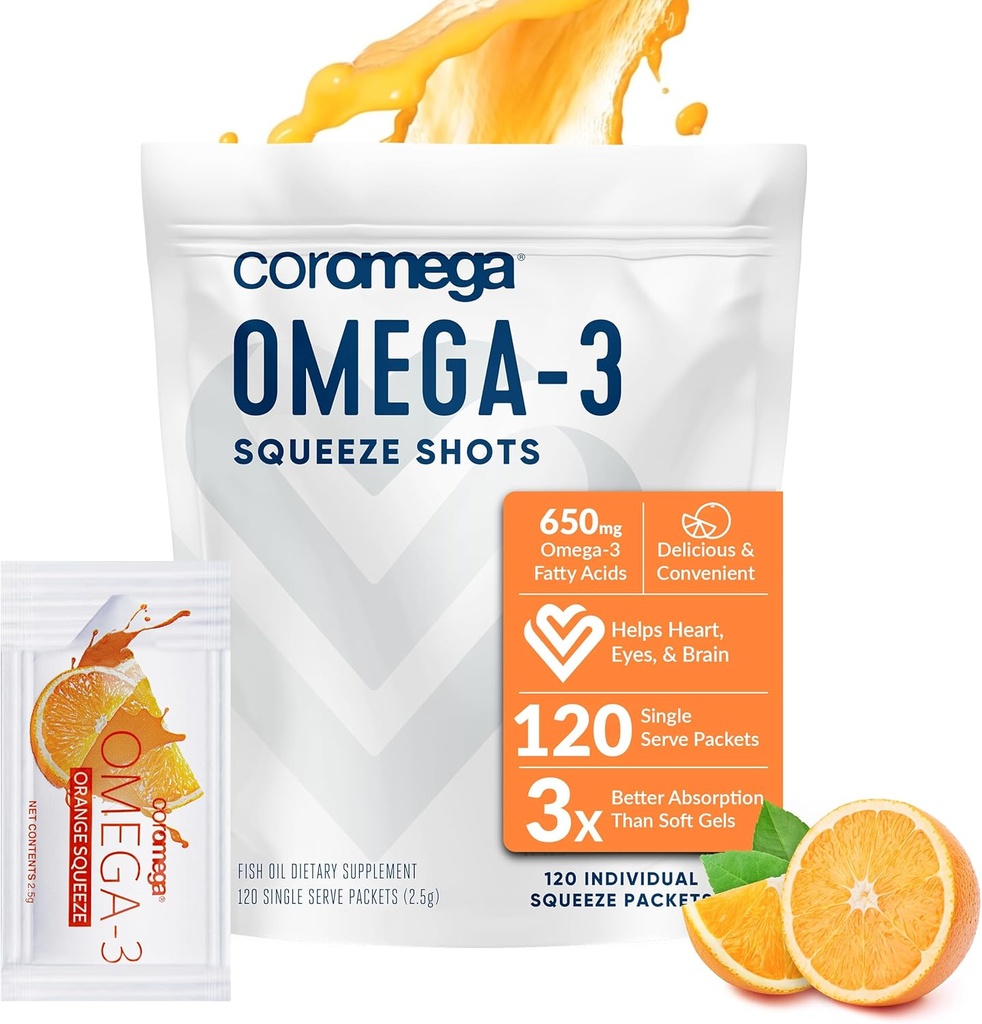 Coromega Omega 3 Fish Oil Συμπλήρωμα, 650mg Ωμέγα-3s με 3X Καλύτερη απορρόφηση από Softgels, Πορτοκαλί Γεύση, 120 Single Serv Squeeze Packets