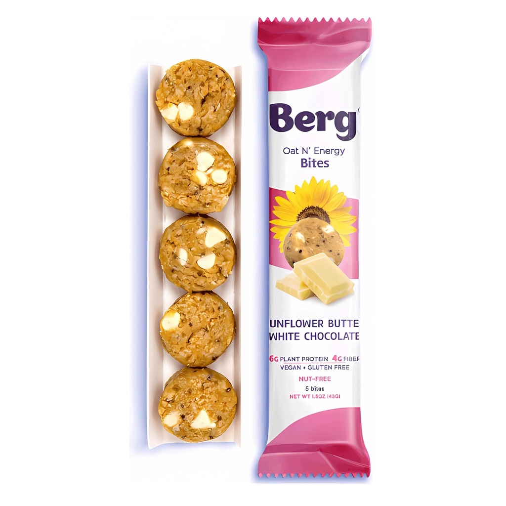 Berg Energy Bites Sunflower Butter & White Chocolate – Plant‑Based Protein Snack with 16 g Protein & 1 g Sugar – Vegan, Gluten‑Free, Low Sugar, High Fiber, Non‑GMO Prebiotic Bites – 1.5 oz (8 Pack)