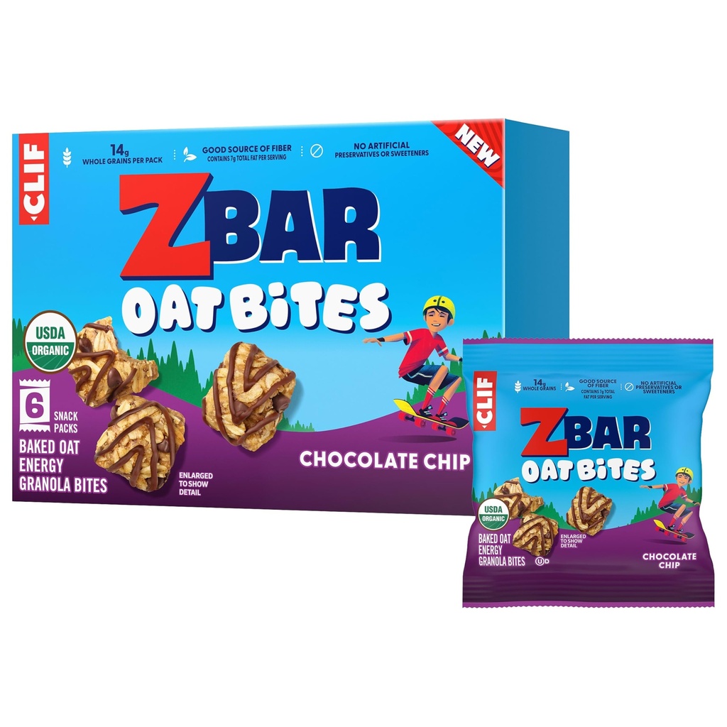 Zbar Oat Bites - Chocolate Chip - Baked Oat Energy Granola Bites - USDA Organic Snacks for Kids - 14g Whole Grains (6 Snack Packs)