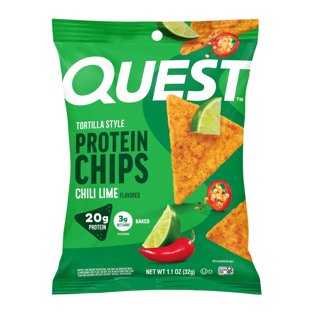 Quest Nutrition Chili Lime Tortilla Style Protein Chips, 20g Protein, 3g Net Carbs, Low Carb, Gluten Free, 1.1 oz (Pack of 12)