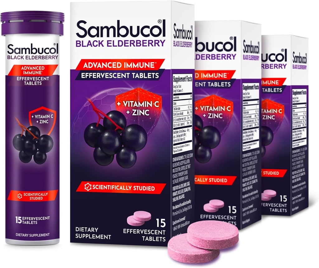Sambucol Black Elderberry Tablets με Βιταμίνη C & Ψευδάργυρο - Συμπλήρωμα Ανοσοποιητικής Υποστήριξης, Black Elderberry με Ψευδάργυρο και Βιταμίνη C Αναβράζοντα δισκία, Υψηλά Αντιοξειδωτικά, Ποτά Fizes - 15 Tablets
