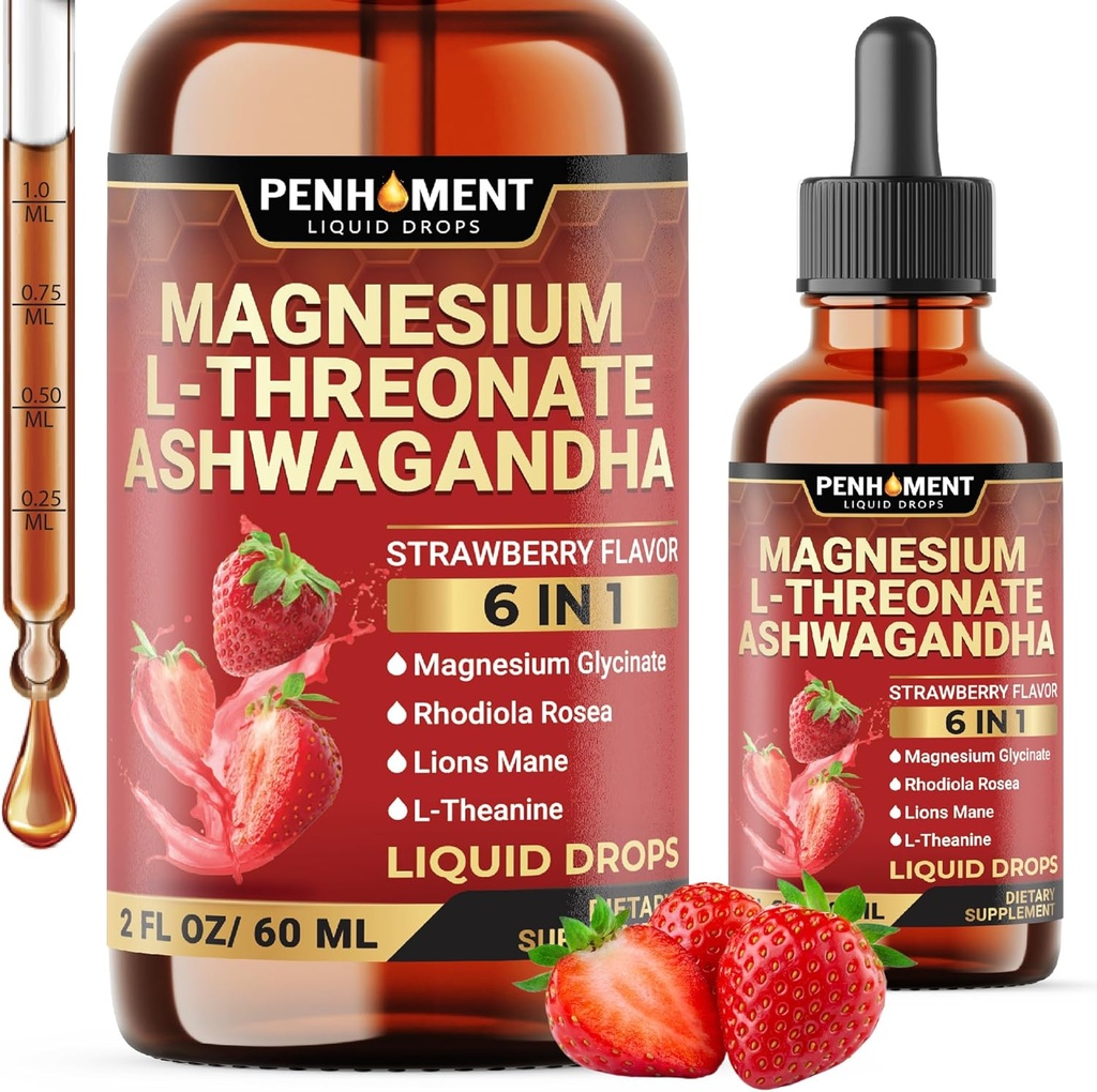 6in1 Μαγνήσιο L-Θρεονικό Υγρές σταγόνες με Ashwagandha, Μαγνήσιο Γλυκινικό και 3 Περισσότερα - Εγκεφαλική Υποστήριξη και Ανοσοποιητικό - 2 Fl Oz για 30 ημέρες - Γεύση Φράουλα
