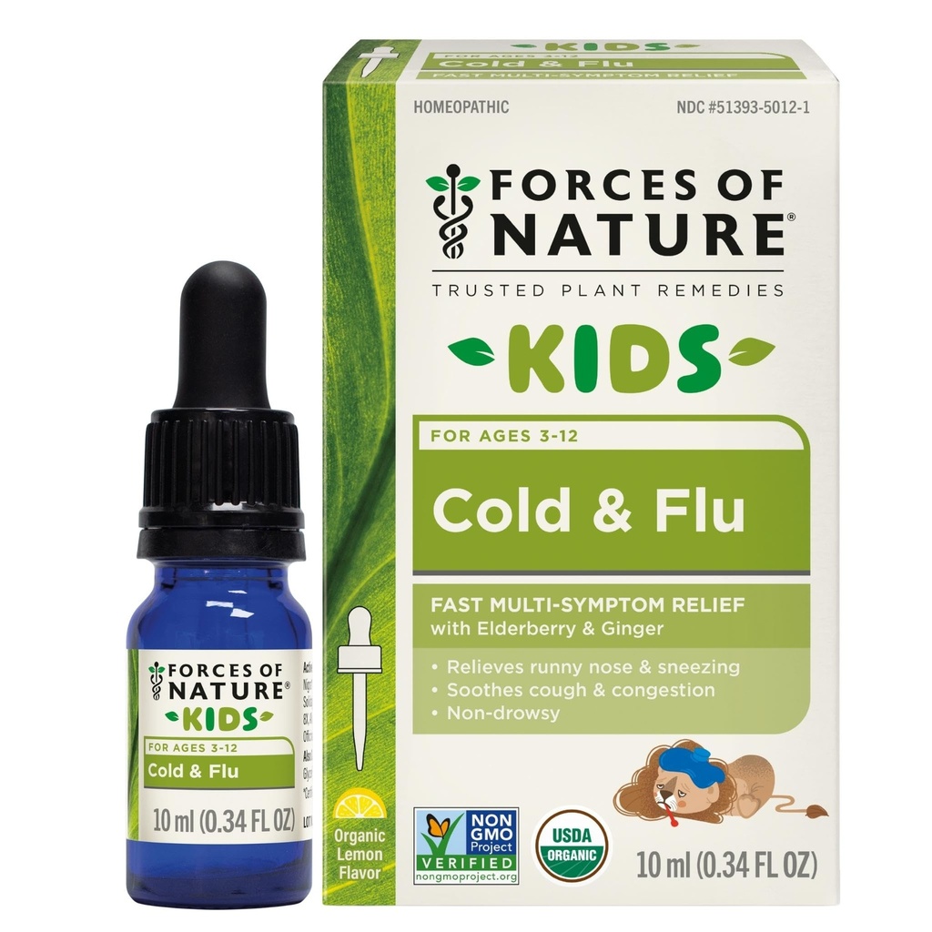 Forces of Nature Kids Cold and Cough Relief, Organic Homeopathic Medicine for Cough, Sore Throat, Congestion, Runny Nose, Non-Drowsy Immune Support Formula for Children, 0.34 Fl Oz