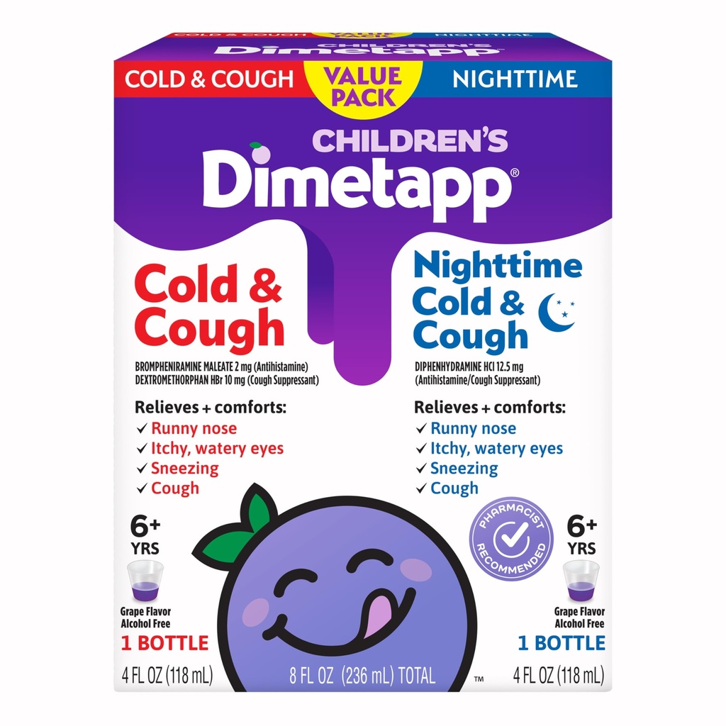 Children's Dimetapp Cold & Cough Value Pack, Antihistamine, Cough Suppressant, Grape Flavor, (2) 4 Oz Bottles – Packaging May Vary.