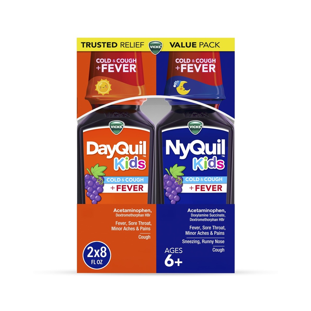 VICKS DayQuil and NyQuil Kids Grape Cold & Cough + Fever Multi-Symptom Relief Liquid Co-Pack, Specially Formulated for Kids Ages 6+, 2x8 OZ