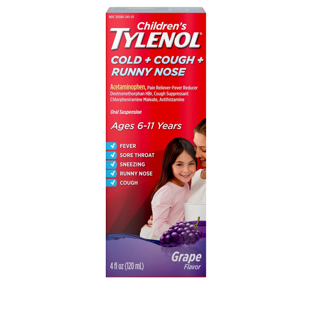 Children's Tylenol Cold + Cough + Runny Nose, Acetaminophen, Pain & Fever Relief, Chlorpheniramine Maleate, Antihistamine, Dextromethorphan HBr, Cough Suppressant; Grape liquid, 4 fl. oz.; Pack of 1