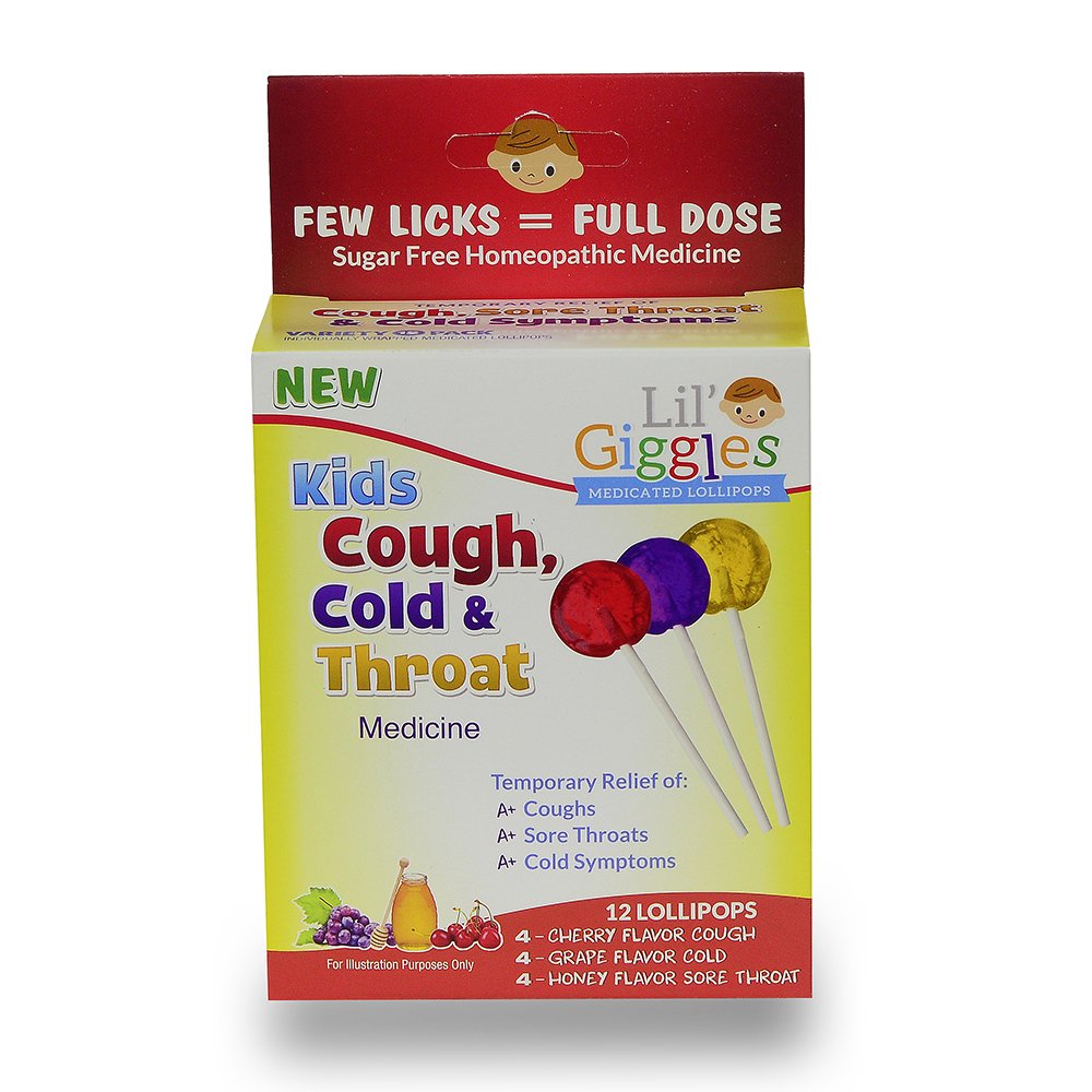 Lil Giggles Kids Medicated Cherry, Grape & Honey Lollipops - Gentle Relief for Kids' Coughs, Sore Throat, Cold Symptoms