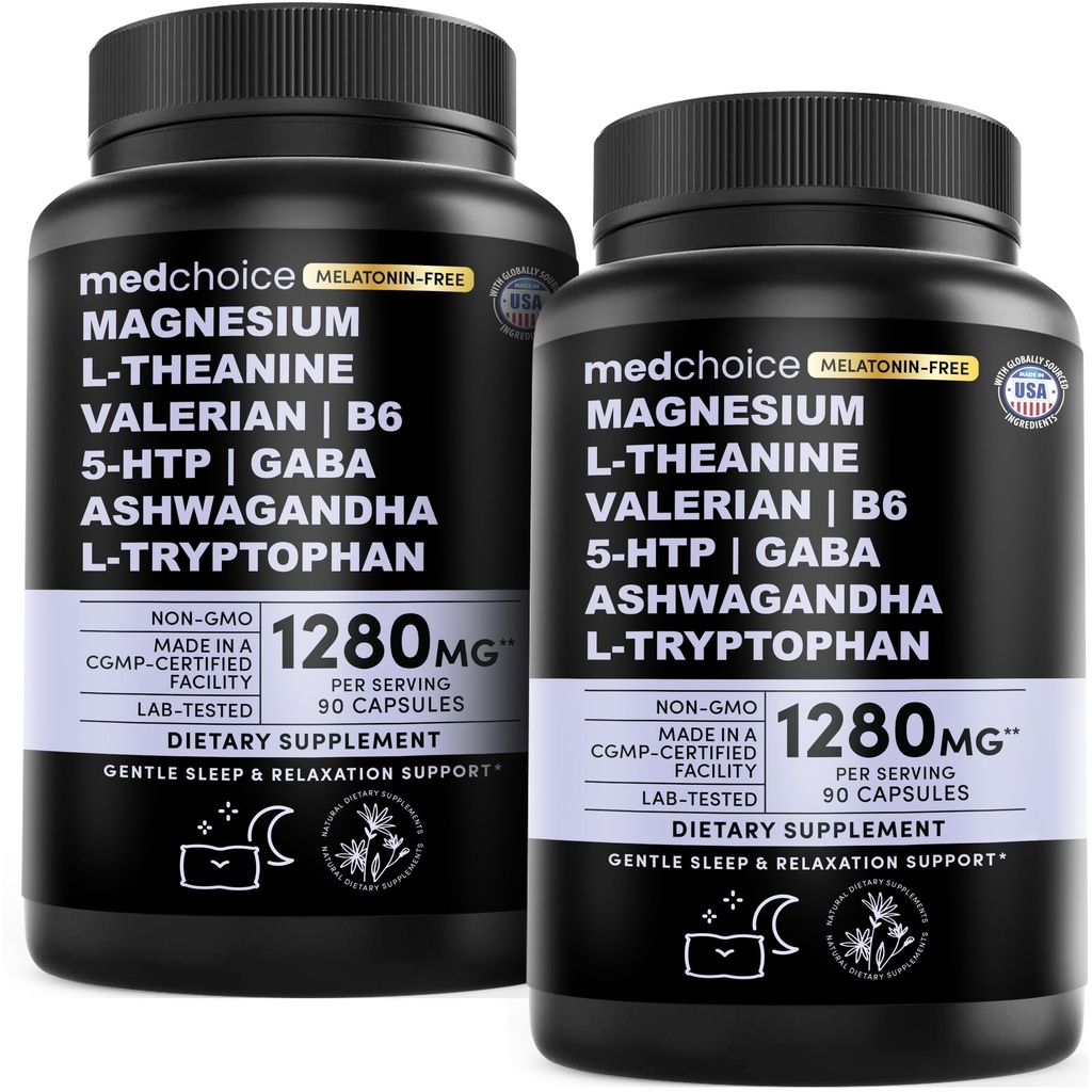 12-in-1 Sleep Support Capsules - Melatonin-Free, Non-Habit Forming Sleep Supplement with a Balanced Blend of Magnesium, Ashwagandha, L-Tryptophan, Valerian Root, GABA, 5-HTP (90 Capsules, Pack of 2)