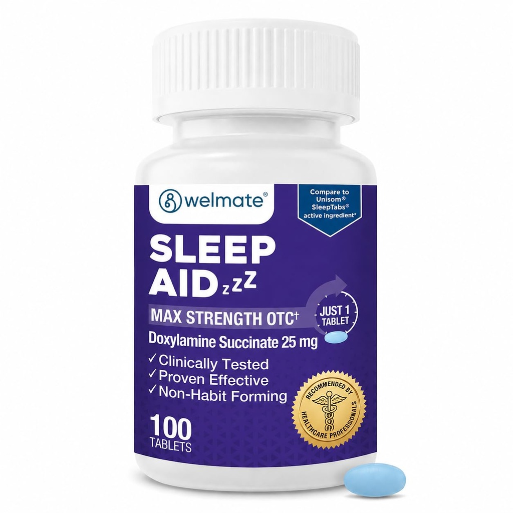 WELMATE - Nighttime Sleep Aid - Doxylamine Succinate 25 mg - for Adults & Children 12+ - 100 Tablets