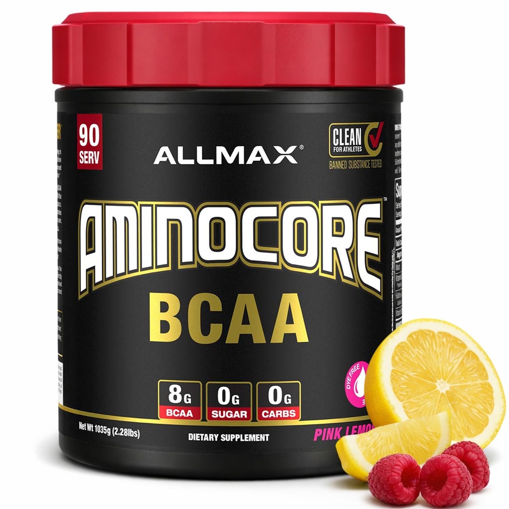 ALLMAX Διατροφή AMINOCORE BCAA, Pink Λεμονάδα - 945 g Κόνις - 8,18 γραμμάρια διακλαδισμένης αλυσίδας Αμίν Οξέα ανά σερβίρισμα - με βιταμίνη Β - Χωρίς πληρωτικά ή μη BCAA Aminos - Χωρίς ζάχαρη - 90 σερβιρίσματα