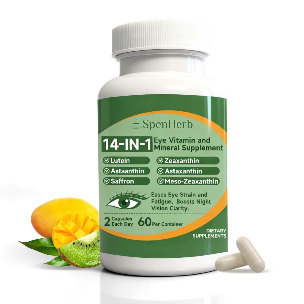 Eye Vitamin and Mineral Supplement 14 in 1 Advanced Eye Formula Vision Support with Lutein and Zeaxanthin Vitamin C E Zinc Copper, Eye Health Supplements for Adults, 60 Capsules/1 PC