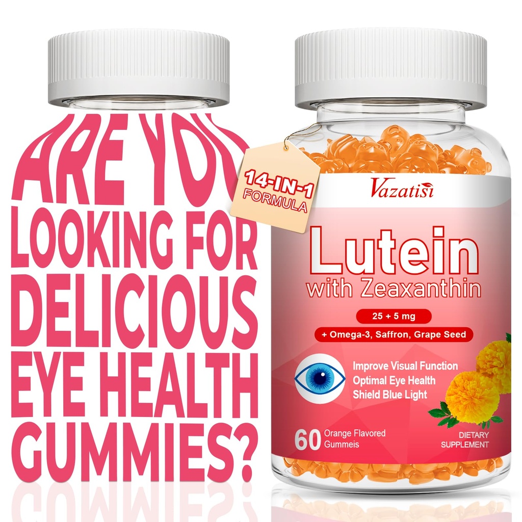 Lutein and Zeaxanthin Supplements Gummies, Advanced Eye Vitamin Supplement with Bilberry, Saffron, Grape Seed, Omega 3 for Macular Health, Dry Eye, Visual Function - Orange Flavor, 120 Count