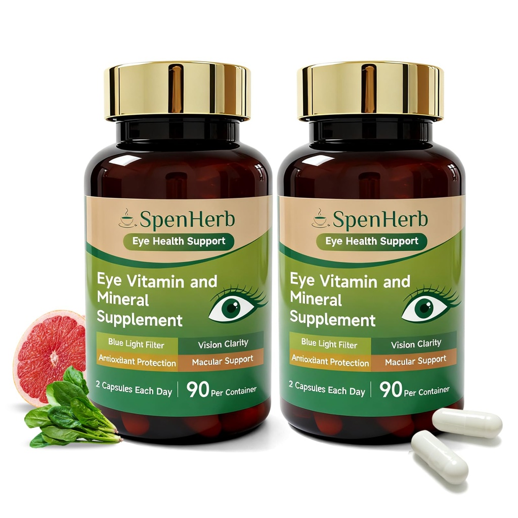 Eye Vitamin and Mineral Supplement Vision Support, 90 Capsules with Lutein and Zeaxanthin Vitamin C E Zinc Copper, Eye Health Supplements for Adults, 2 PCS