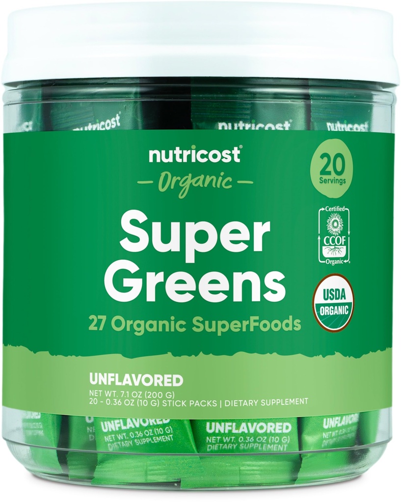 Nutricost Organic Super Greens (Άγευστα) 20 Stickpacks - Χωρίς γλουτένη, Μη ΓΤΟ