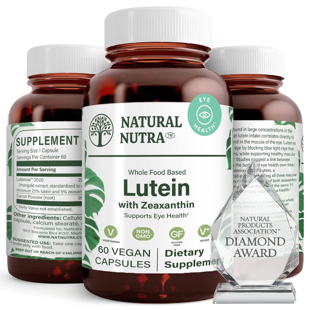 Natural Nutra Lutein and Zeaxanthin Supplement, Helps to Maintain Vision Health & Eye Health, Protects Cell in Eyes, Gluten Free, Enhanced Level of Zeaxanthin & Isomers, Soy Free, 20mg - 60 Capsules