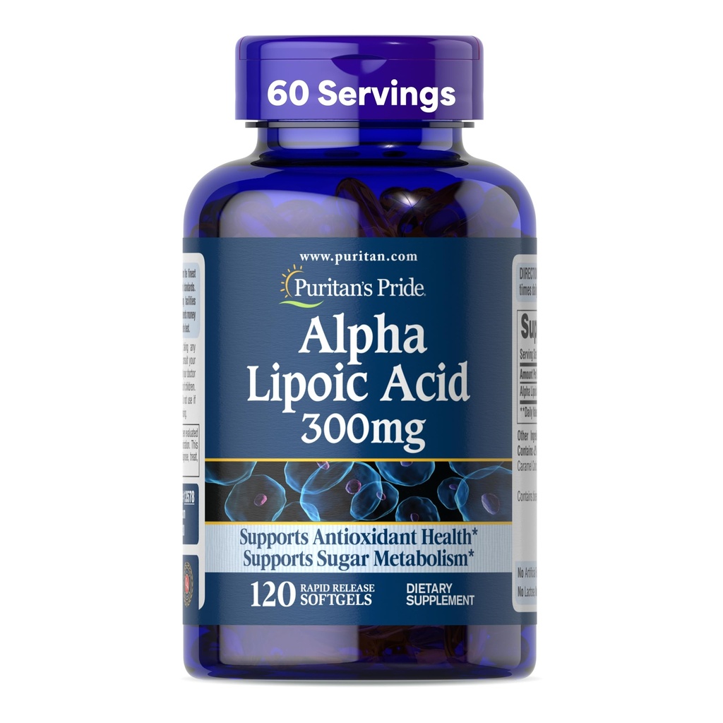 Puritan's Pride Alpha Lipoic Acid 300mg, Dietary Supplement for Antioxidant Health, Sugar and Energy Metabolism Support, 4 Month Supply, 120 Rapid Release Softgels