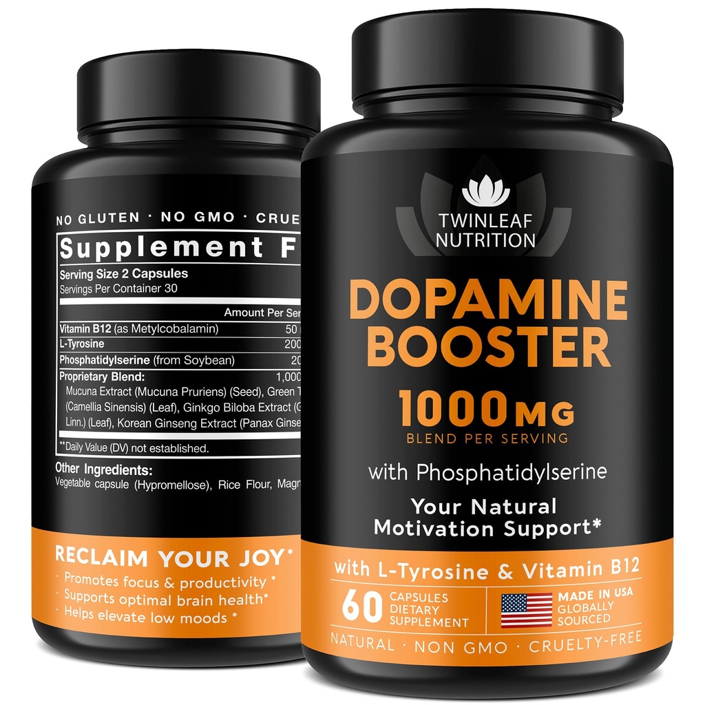 TWINLEAF NUTRITION Dopamine Brain Support Supplement, 1000 mg Blend - Made in USA - with DMAE, Vitamin B12 and L-Tyrosine - Enhance Mental Well-Being - 60 Capsules