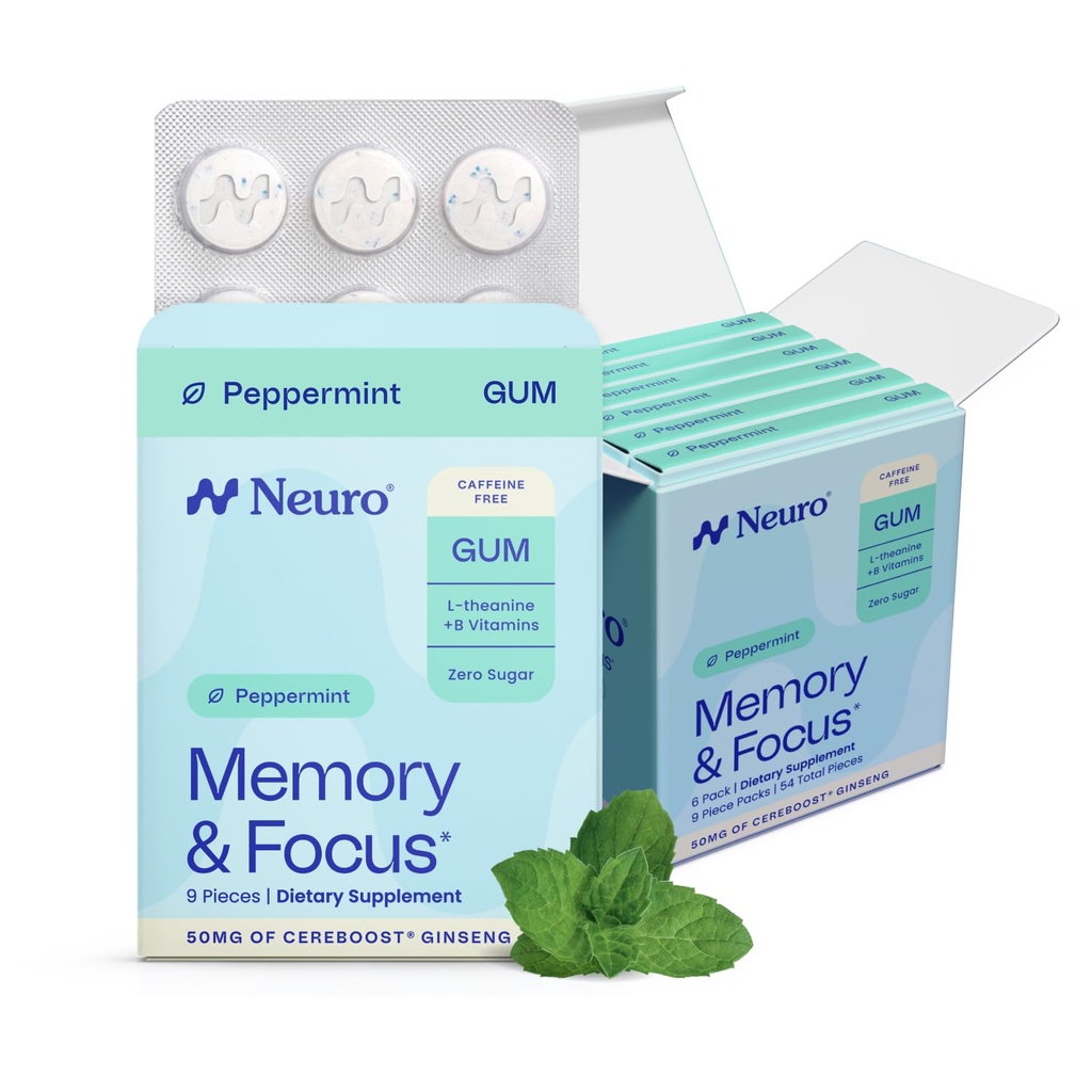 Neuro Memory & Focus Gum - Nootropic Gum with Vitamin B12, Vitamin B6, L-Theanine & Ginseng Extract - Natural Brain Support Supplement - Vegan, Caffeine & Sugar Free Chews - Peppermint, 54 ct