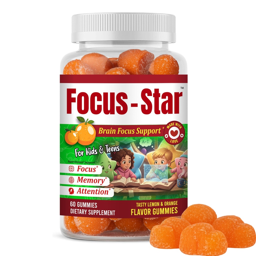 Focus Star Kids Focus Gummies, Omega 3 DHA Gummies for Kids, Children Vitamins for Brain, Memory & Concentration Support, Focus Gummies for Teens- 60 Count