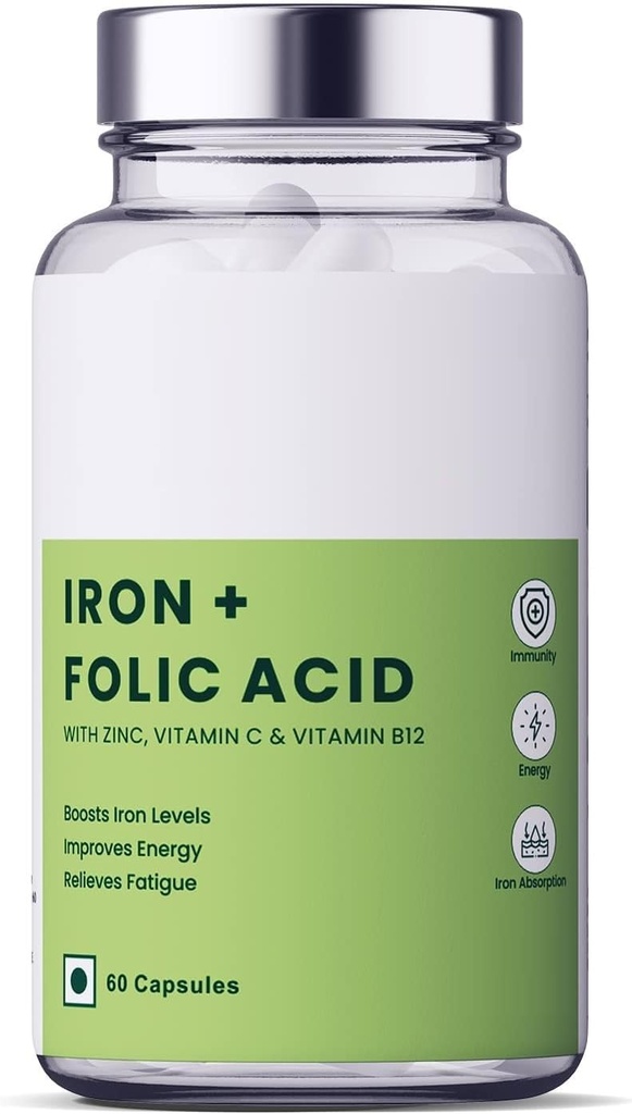 RJ Iron + Folic Acid Supplement with Zinc, Vitamin C & Vitamin B12 | 60 Veg Capsules | Supports Blood Building, Immunity and Energy | Enhances Iron Absorption| for Both Men & Women