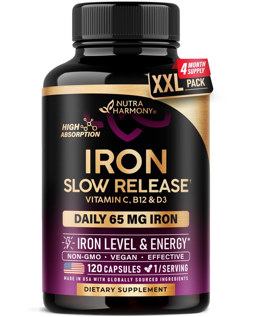 Iron Supplement for Women - Iron 65mg (Ferrous Sulfate 325mg) - Stomach Friendly | Slow Release Iron | High Absorption - Vitamins C, D3, B6, B12 & Folate - Iron Level & Energy Support - 120 Capsules