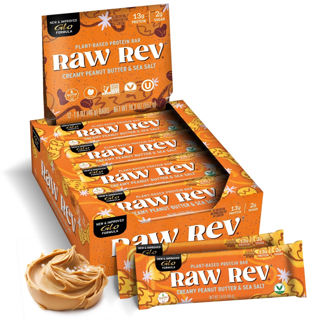 Raw Rev Vegan Protein Bars- Creamy Peanut Butter & Sea Salt, 12 bars, Non-GMO, Plastic-Neutral, Nothing Artificial, Glo Formula, Gluten-Free, Keto-Friendly, Paleo, Kosher, Soy-Free, No Sugar Alcohols, No Stevia.