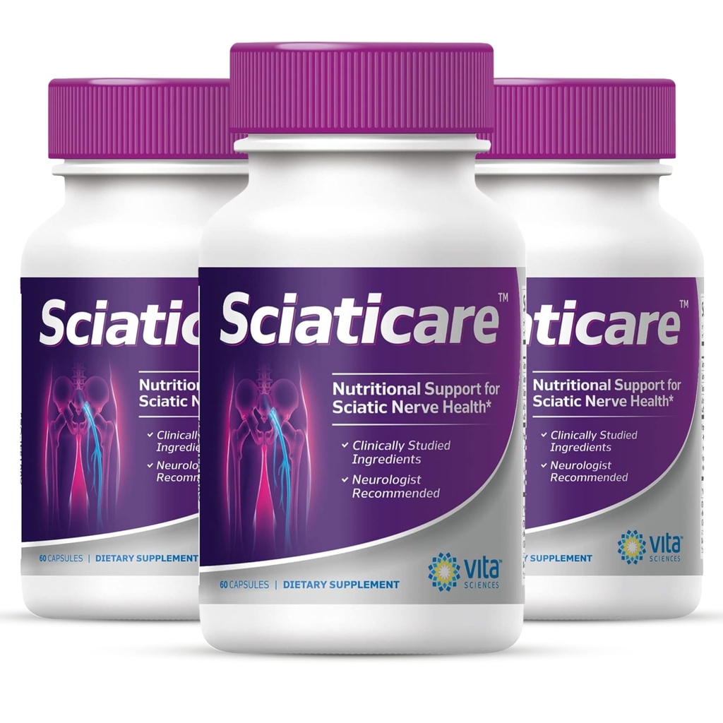 Vita Sciences Sciaticare Nerve Soothing Supplement Vitamins with Natural R-ALA Form 40X Strength, NOT Synthetic Alpha Lipoic Acid (ALA) - Lower Lumbar Sciatica - 60 Count (Pack of 3)
