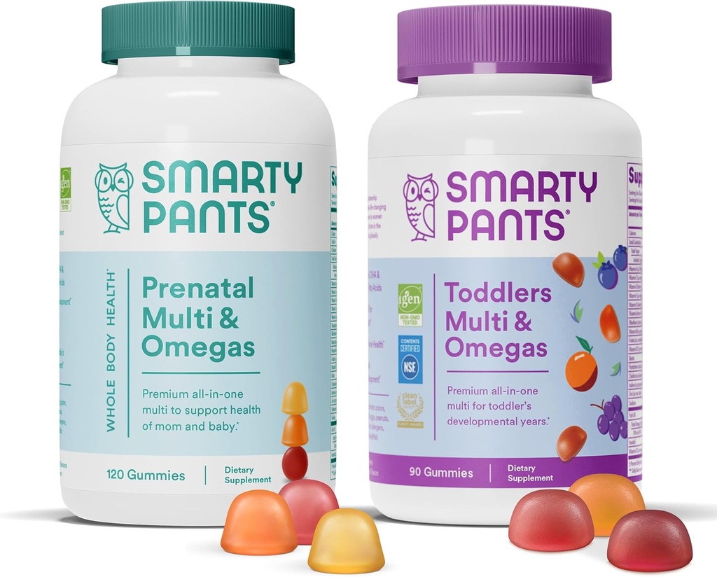 SmartyPants Προγεννητική και Toddler Πολυβιταμίνες Gummies Bundle: Omega 3 Fish Oil (EPA/DHA), Biotin, Methylfolate, Βιταμίνη D3, C, Βιταμίνη B12, B6, A, K & Ψευδάργυρος για την υποστήριξη του ανοσοποιητικού (30 Day Supply)