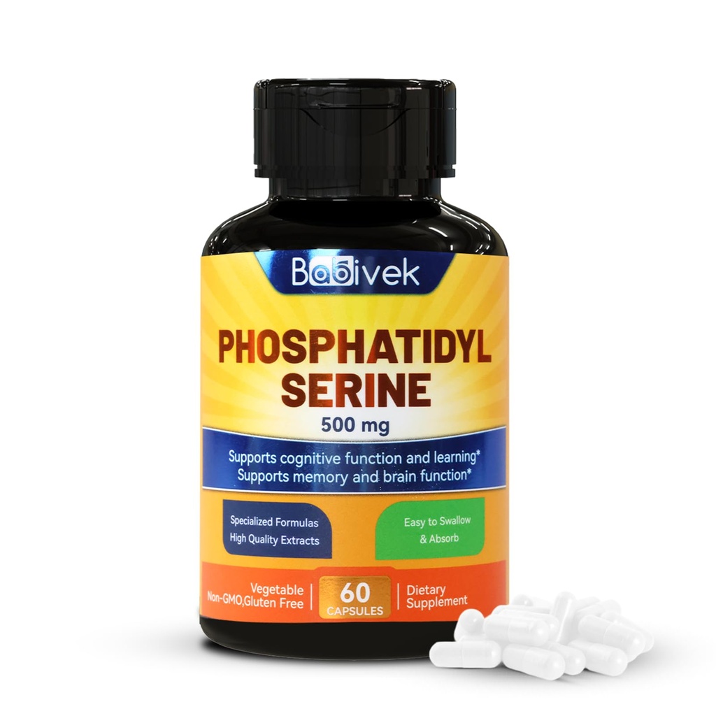 Phosphatidyl Serine 500mg, Phospholipid Compound Derived from Soy Lecithin, Supports Cognitive Health and Brain Function, 60 Vegetable Capsules Non-GMO, Gluten-Free, Vegetarian Friendly