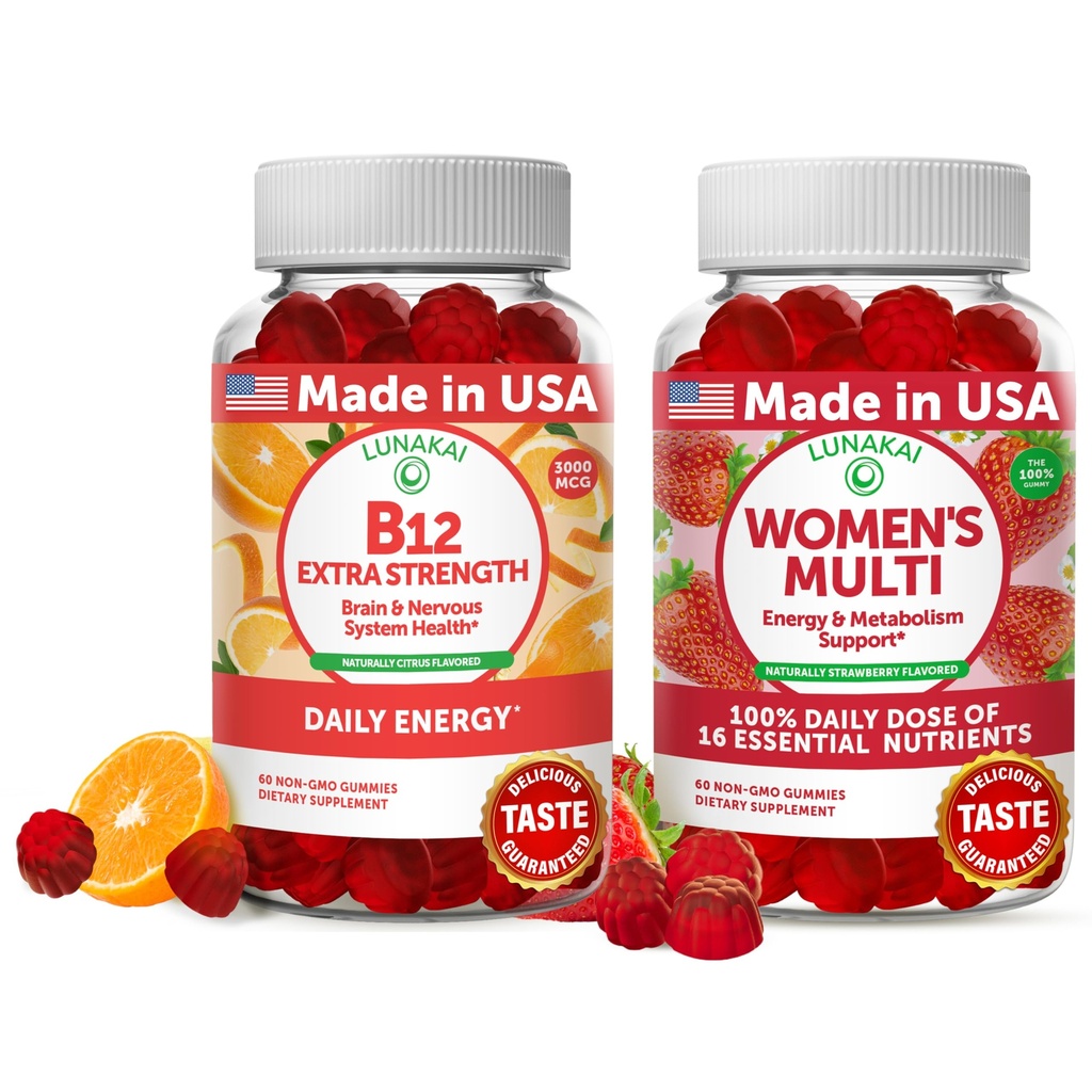 Lunakai Βιταμίνη B12 και Πολυβιταμίνη Gummies Γυναικών Bundle - 3000mcg Μεθυλοκοβαλαμίνη Υψηλή Απορρόφηση Ενέργεια Gummy - 100% Καθημερινή Αξία των 16 Ουσιαστικών Βιταμινών και Ορυκτών Συμπλήρωμα - 30 Ημέρες Προσφορά