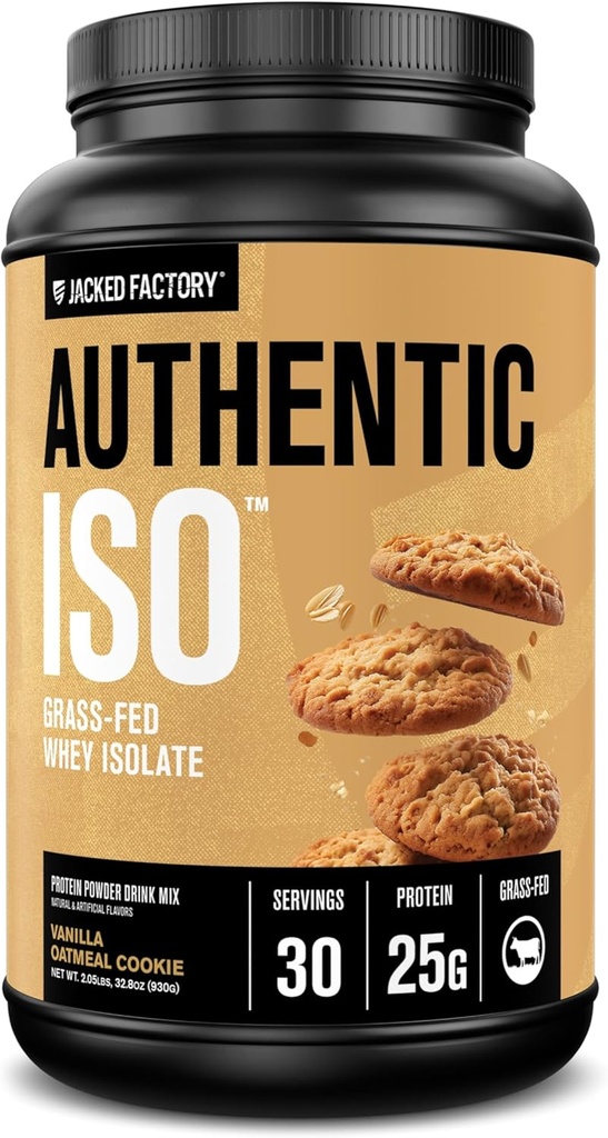 Jacked Factory Authentic ISO Grass Fed Whey Protein Isolate Powder - Χαμηλός υδατάνθρακες, μη ΓΤΟ πρωτεΐνη οικοδόμησης μυών w/No Fillers, Post Processout Recovery, Vanilla Oatmeal Cookie