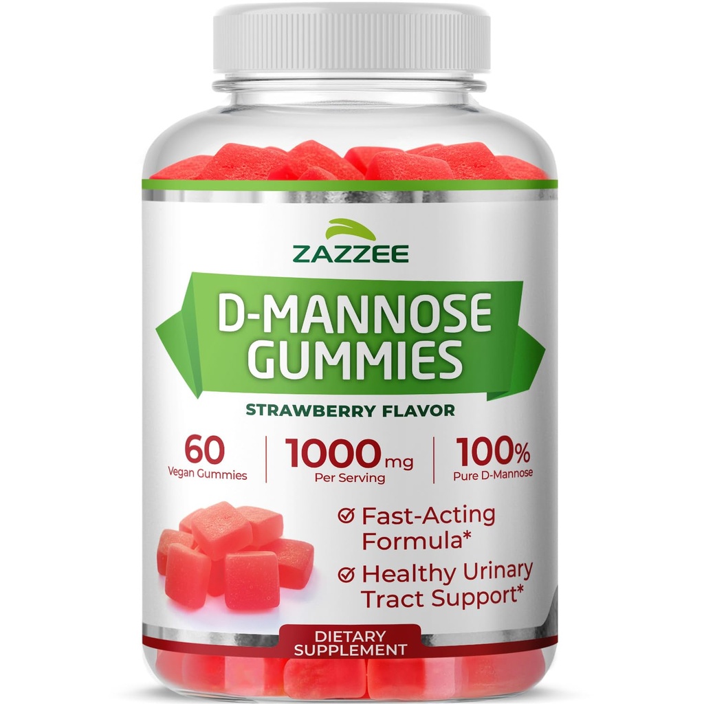 Zazzee D-Mannose Gummies, 1000 mg per Serving, 60 Vegan Gummies, Strawberry Flavor, Non-Sugar-Coated, Potent & Fast-Acting, All-Natural Urinary Tract Health Support, Made in the USA