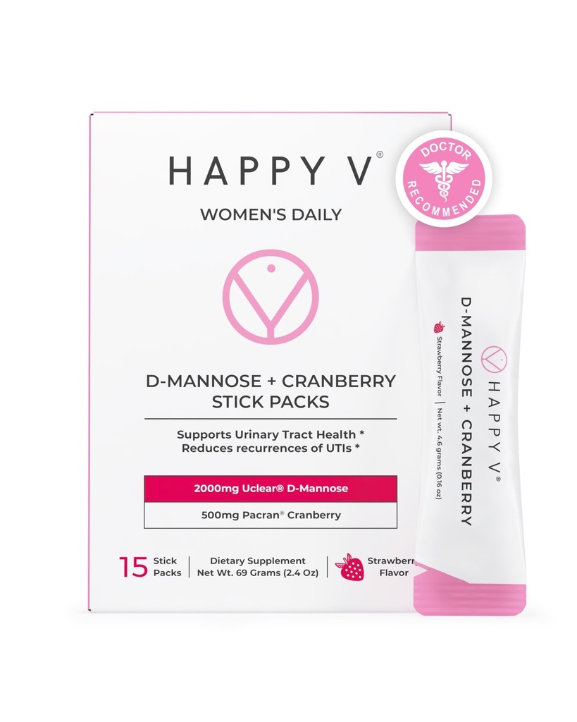 Happy V D-Mannose + Cranberry Stick Packs | Dr Formulated Urinary Tract Support Supplement | D Mannose Supplements for Women - Bladder Support - Promotes Urinary Comfort - 15 Stick Packs