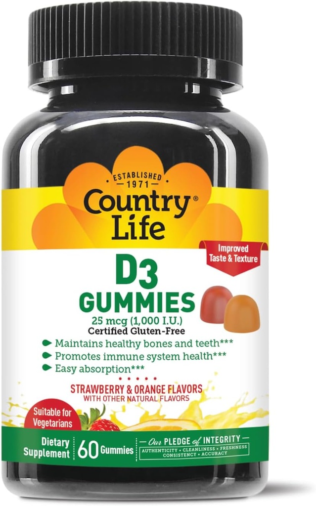 Country Life Βιταμίνη D3 Gummies – 1,000 IU Χοληκαλσιφερόλη, 60 Count – Υποστηρίζει την υγεία των οστών και του ανοσοποιητικού – χορτοφάγοι, χωρίς γλουτένη, φράουλα και γεύση πορτοκαλιού – Pectin-based, χωρίς τεχνητά γλυκαντικά