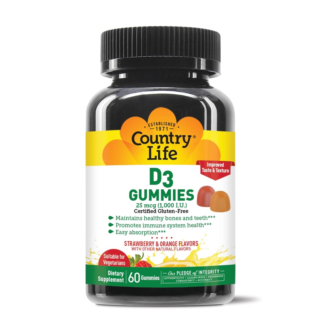 Country Life Βιταμίνη D3 Gummies – 1,000 IU Χοληκαλσιφερόλη, 60 Count – Υποστηρίζει την υγεία των οστών και του ανοσοποιητικού – χορτοφάγοι, χωρίς γλουτένη, φράουλα και γεύση πορτοκαλιού – Pectin-based, χωρίς τεχνητά γλυκαντικά