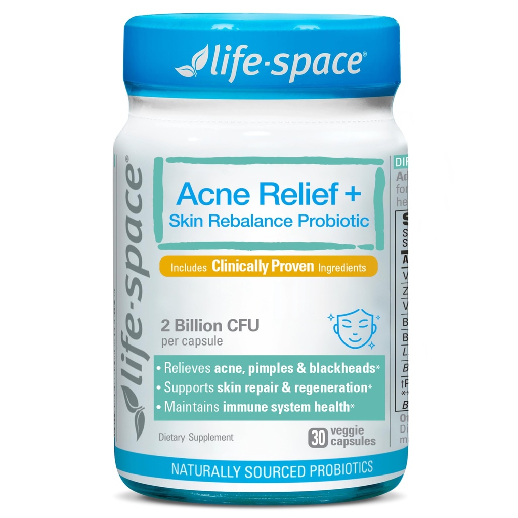 Life-Space Acne Relief + Skin Rebalance Probiotic, 6-in-1 Scientific Formula & 2 Billion CFU, Support Breakout Control & Skin Health & Gut Health, Probiotics for Women & Men, 30 Vegetarian Count