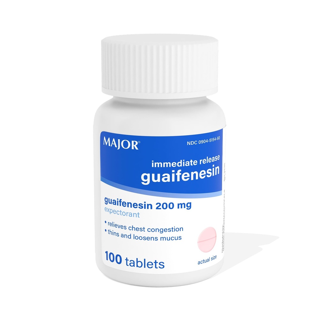 Major Inmmediate Release Guaifenesin - Ανακουφίζει τη δυσπεψία στο στήθος, τα αχαμνά και τα χαλαρά mucus - 200 mg - 100 δισκία